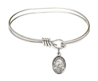 5 3/4 inch Oval Eye Hook Rhodium Bangle Bracelet with a Sterling Silver Saint Bernard of Montjoux charm. Engraved Catholic Saint Jewelry