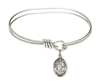 5 3/4 inch Oval Eye Hook Rhodium Bangle Bracelet with a Sterling Silver Our Lady of Mercy charm. Engraved Catholic Saint Jewelry