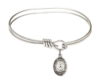 5 3/4 inch Oval Eye Hook Rhodium Bangle Bracelet with a Sterling Silver Saint Marie Magdalen Postel charm. Engraved Catholic Saint Jewelry