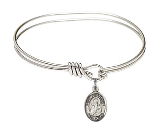 5 3/4 inch Oval Eye Hook Rhodium Bangle Bracelet with a Sterling Silver Saint Athanasius charm. Engraved Catholic Saint Jewelry