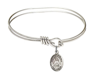 5 3/4 inch Oval Eye Hook Rhodium Bangle Bracelet with a Sterling Silver Our Lady of Olives charm. Engraved Catholic Saint Jewelry