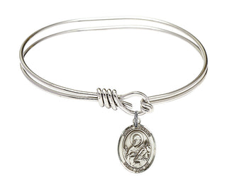 5 3/4 inch Oval Eye Hook Rhodium Bangle Bracelet with a Sterling Silver Saint Meinrad of Einsiedeln charm. Engraved Catholic Saint Jewelry