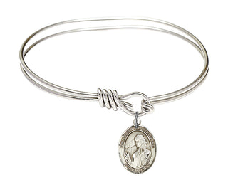 5 3/4 inch Oval Eye Hook Rhodium Bangle Bracelet with a Sterling Silver Saint Finnian of Clonard charm. Engraved Catholic Saint Jewelry