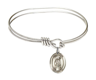 5 3/4 inch Oval Eye Hook Rhodium Bangle Bracelet with a Sterling Silver Saint Ronan charm. Engraved Catholic Saint Jewelry