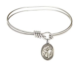 5 3/4 inch Oval Eye Hook Rhodium Bangle Bracelet with a Sterling Silver Saint Columbanus charm. Engraved Catholic Saint Jewelry