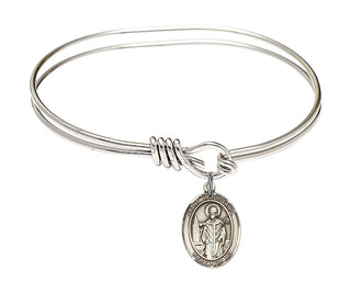 5 3/4 inch Oval Eye Hook Rhodium Bangle Bracelet with a Sterling Silver Saint Wolfgang charm. Engraved Catholic Saint Jewelry