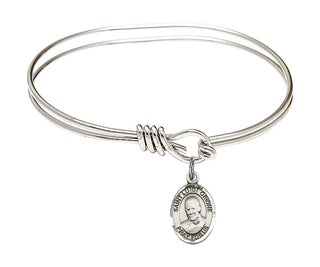 5 3/4 inch Oval Eye Hook Rhodium Bangle Bracelet with a Sterling Silver Saint Luigi Orione charm. Engraved Catholic Saint Jewelry