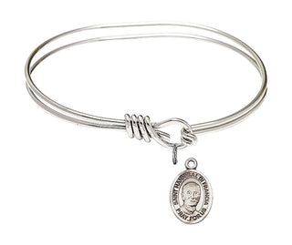 5 3/4 inch Oval Eye Hook Rhodium Bangle Bracelet with a Sterling Silver Saint Hannibal charm. Engraved Catholic Saint Jewelry