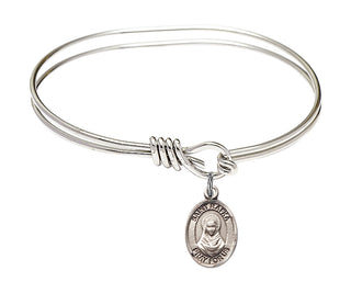 5 3/4 inch Oval Eye Hook Rhodium Bangle Bracelet with a Sterling Silver Saint Rafka charm. Engraved Catholic Saint Jewelry