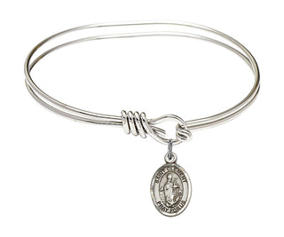 5 3/4 inch Oval Eye Hook Rhodium Bangle Bracelet with a Sterling Silver Saint Clement charm. Engraved Catholic Saint Jewelry