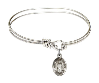 5 3/4 inch Oval Eye Hook Rhodium Bangle Bracelet with a Sterling Silver Saint Thomas A Becket charm. Engraved Catholic Saint Jewelry