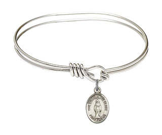 5 3/4 inch Oval Eye Hook Rhodium Bangle Bracelet with a Sterling Silver Virgin of the Globe charm. Engraved Catholic Saint Jewelry