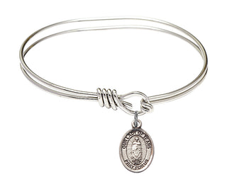 5 3/4 inch Oval Eye Hook Rhodium Bangle Bracelet with a Sterling Silver Our Lady of Tears charm. Engraved Catholic Saint Jewelry