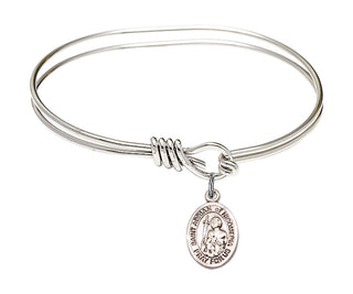 5 3/4 inch Oval Eye Hook Rhodium Bangle Bracelet with a Sterling Silver Saint Adrian of Nicomedia charm. Engraved Catholic Saint Jewelry