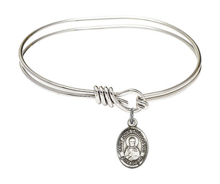 5 3/4 inch Oval Eye Hook Rhodium Bangle Bracelet with a Sterling Silver Saint John Chrysostom charm. Engraved Catholic Saint Jewelry
