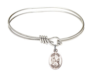 5 3/4 inch Oval Eye Hook Rhodium Bangle Bracelet with a Sterling Silver Saint Fina charm. Engraved Catholic Saint Jewelry