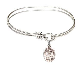 5 3/4 inch Oval Eye Hook Rhodium Bangle Bracelet with a Sterling Silver Saint Andrew Kim Taegon charm. Engraved Catholic Saint Jewelry