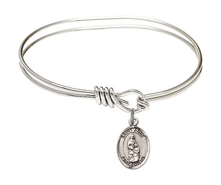5 3/4 inch Oval Eye Hook Rhodium Bangle Bracelet with a Sterling Silver Saint Anne charm. Engraved Catholic Saint Jewelry