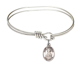 5 3/4 inch Oval Eye Hook Rhodium Bangle Bracelet with a Sterling Silver Saint Honorius of Amiens charm. Engraved Catholic Saint Jewelry