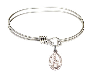 5 3/4 inch Oval Eye Hook Rhodium Bangle Bracelet with a Sterling Silver Blessed Emilee Doultremont charm. Engraved Catholic Saint Jewelry