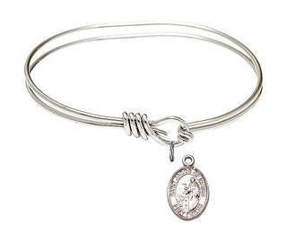 5 3/4 inch Oval Eye Hook Rhodium Bangle Bracelet with a Sterling Silver Saint Jacob of Nisibis charm. Engraved Catholic Saint Jewelry