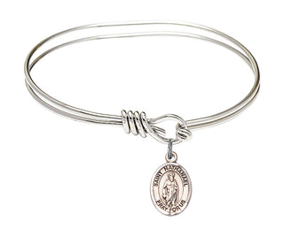 5 3/4 inch Oval Eye Hook Rhodium Bangle Bracelet with a Sterling Silver Saint Nathanael charm. Engraved Catholic Saint Jewelry