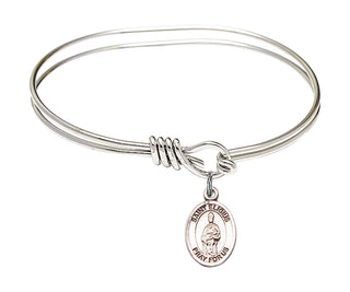 5 3/4 inch Oval Eye Hook Rhodium Bangle Bracelet with a Sterling Silver Saint Eligius charm. Engraved Catholic Saint Jewelry