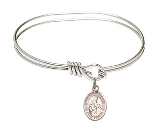 5 3/4 inch Oval Eye Hook Rhodium Bangle Bracelet with a Sterling Silver Saint Margaret of Scotland charm. Engraved Catholic Saint Jewelry