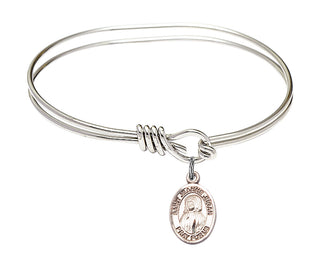 5 3/4 inch Oval Eye Hook Rhodium Bangle Bracelet with a Sterling Silver Saint Jeanne Jugan charm. Engraved Catholic Saint Jewelry
