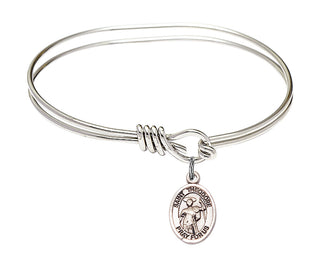 5 3/4 inch Oval Eye Hook Rhodium Bangle Bracelet with a Sterling Silver Saint Theodore Stratelates charm. Engraved Catholic Saint Jewelry