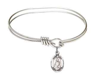 5 3/4 inch Oval Eye Hook Rhodium Bangle Bracelet with a Sterling Silver Saint Lucy charm. Engraved Catholic Saint Jewelry
