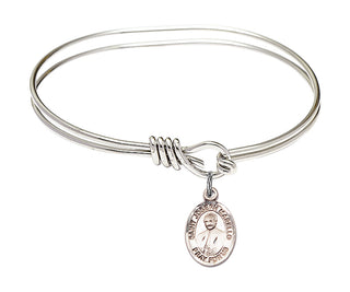 5 3/4 inch Oval Eye Hook Rhodium Bangle Bracelet with a Sterling Silver Saint Joseph Marello charm. Engraved Catholic Saint Jewelry