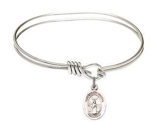 5 3/4 inch Oval Eye Hook Rhodium Bangle Bracelet with a Sterling Silver Saint Medard of Noyon charm. Engraved Catholic Saint Jewelry