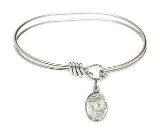 5 3/4 inch Oval Eye Hook Rhodium Bangle Bracelet with a Sterling Silver Miraculous charm.