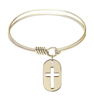 6 1/4 inch Round Eye Hook Hamilton Gold Bangle Bracelet with a 14kt Gold Filled Cross Dog Tag charm.
