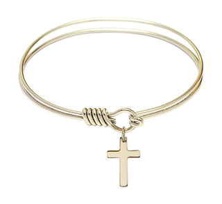6 1/4 inch Round Eye Hook Hamilton Gold Bangle Bracelet with a 14kt Gold Filled Cross charm.