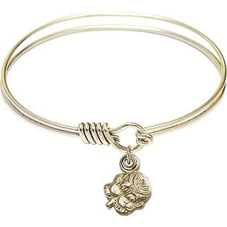 6 1/4 inch Round Eye Hook Hamilton Gold Bangle Bracelet with a 14kt Gold Filled Rosebud charm.