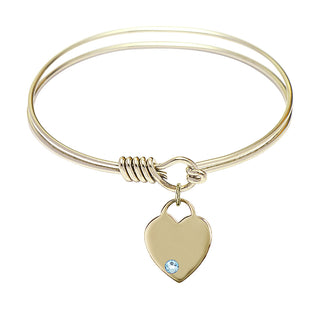 6 1/4 inch Round Eye Hook Hamilton Gold Bangle Bracelet with a 14kt Gold Filled Heart charm. Engraved Catholic Saint Jewelry