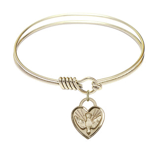6 1/4 inch Round Eye Hook Hamilton Gold Bangle Bracelet with a 14kt Gold Filled Confirmation Heart charm. Engraved Catholic Saint Jewelry