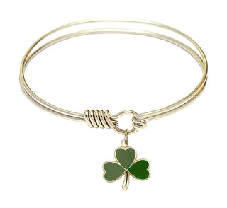 6 1/4 inch Round Eye Hook Hamilton Gold Bangle Bracelet with a 14kt Gold Filled Shamrock charm.