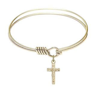 6 1/4 inch Round Eye Hook Hamilton Gold Bangle Bracelet with a 14kt Gold Filled Crucifix charm.