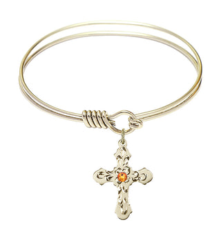 6 1/4 inch Round Eye Hook Hamilton Gold Bangle Bracelet with a 14kt Gold Filled Cross charm. Engraved Catholic Saint Jewelry