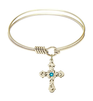 6 1/4 inch Round Eye Hook Hamilton Gold Bangle Bracelet with a 14kt Gold Filled Cross charm. Engraved Catholic Saint Jewelry