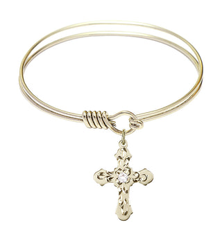 6 1/4 inch Round Eye Hook Hamilton Gold Bangle Bracelet with a 14kt Gold Filled Cross charm. Engraved Catholic Saint Jewelry