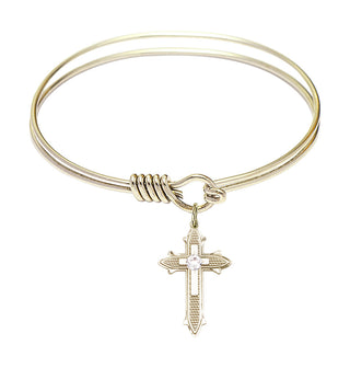 6 1/4 inch Round Eye Hook Hamilton Gold Bangle Bracelet with a 14kt Gold Filled Cross on Cross charm. Engraved Catholic Saint Jewelry