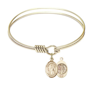 6 1/4 inch Round Eye Hook Hamilton Gold Bangle Bracelet with a 14kt Gold Filled Saint Benedict charm.