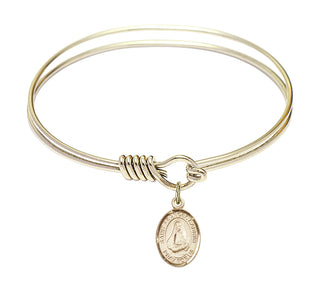 6 1/4 inch Round Eye Hook Hamilton Gold Bangle Bracelet with a 14kt Gold Filled Saint Frances Cabrini charm. Engraved Catholic Saint Jewelry