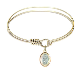 6 1/4 inch Round Eye Hook Hamilton Gold Bangle Bracelet with a 14kt Gold Filled Saint Christopher charm. Engraved Catholic Saint Jewelry