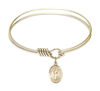 6 1/4 inch Round Eye Hook Hamilton Gold Bangle Bracelet with a 14kt Gold Filled Saint Francis of Assisi charm. Engraved Catholic Saint Jewelry