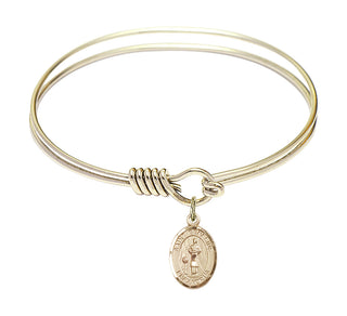 6 1/4 inch Round Eye Hook Hamilton Gold Bangle Bracelet with a 14kt Gold Filled Saint Genesius of Rome charm. Engraved Catholic Saint Jewelry